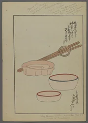 Japanische Spielzeuge, aus Unai no tomo (Ein Kinderfreund) von Shimizu Seifu, 1891-1923. Schalen, Essstäbchen.